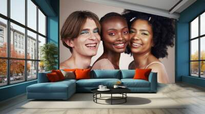 Portrait, diversity and people with makeup, smile and dermatology isolated on studio background. Face, man or women with cosmetics, multiracial or self care with inclusion, group with beauty or shine Wall mural