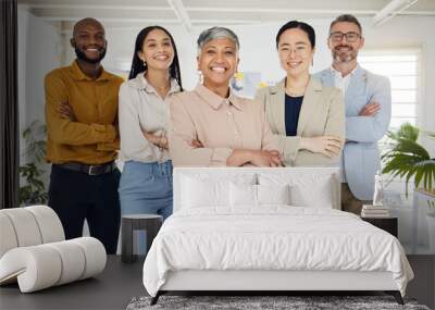 Portrait, management and arms crossed with a business team in the office for collaboration. Teamwork, diversity and leadership with a happy employee group together in their professional workplace Wall mural