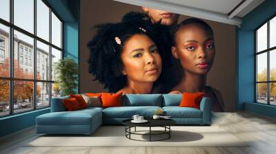 Portrait, skincare or makeup with a man and women in studio on a dark background for beauty or diversity. Face, friends and cosmetics with young people posing for inclusion or artistic freedom Wall mural