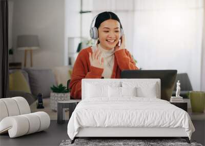 Woman on video call with work from home laptop, headphones and virtual international online meeting. Hello, wave and asian person in China in webinar for remote working or global update in computer Wall mural