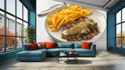 Scott fillet with french fries and homemade mustard sauce  Wall mural