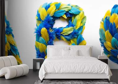 Letters A, B, C. Alphabet Made of Blue Macaw Feathers in Blue and Yellow Colors. Wall mural