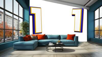 Number 1 in 3D render, in two different perspectives and angles. Colors Blue, yellow and white. Wall mural