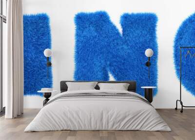 Teddy blue alphabet. Hair letters M, N, O. Blue fur in 3d render. Isolated background. Wall mural