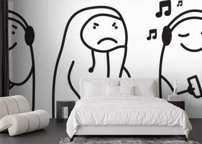 Thumb man. Gamer playing. Evil guy wearing a coat. Listening to relaxed music. Charcter emotional. New set of characters in the style of meme flork.
 Wall mural