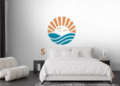 summer beach coast island, sea ocean with birds and summer sun rays logo design inspiration. Wall mural