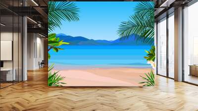 beautiful cartoon coast of the azure sea with tropical plants Wall mural