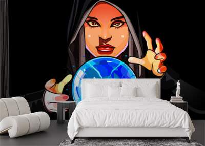 cartoon beautiful woman fortune teller with crystal ball Wall mural