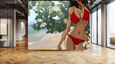 cartoon figure of a woman in a swimsuit on the background of the tropics Wall mural