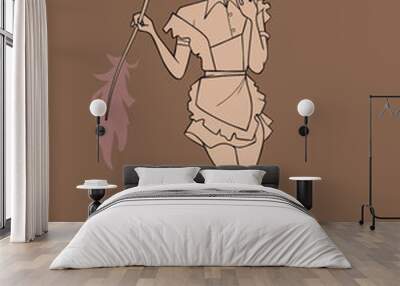 sketch cartoon girl stands with a feather in her hand Wall mural