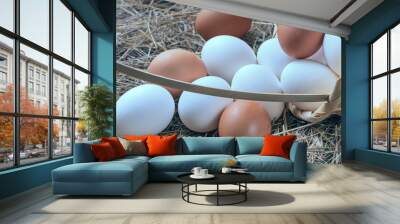 a lot of fresh chicken eggs in a straw basket on a background of hay. Healthy eating concept Wall mural