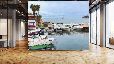 modern motor boats in the quiet harbor of the Spanish city of Palma de Mallorca Wall mural