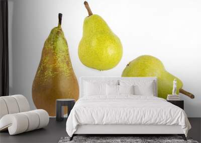 ripe juicy yellow pears of different varieties isolated on white background Wall mural