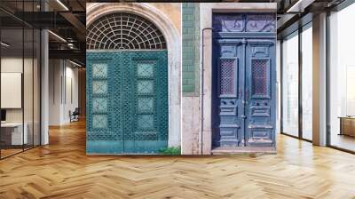 two old wooden doors trimmed with metal decorations from different cities of Europe Wall mural