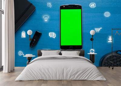 Flat lay Image showing concept of social media, Internet, Home Automation sand Communication with Icons. Wall mural