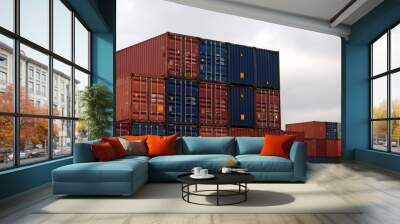 Cargo containers in a container terminal ready for ocean transport - Stockphoto Wall mural