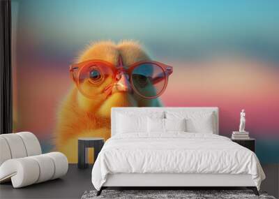 A baby chick wearing glasses and a pink shirt Wall mural