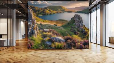 A beautiful landscape with a lake and two large rocks Wall mural