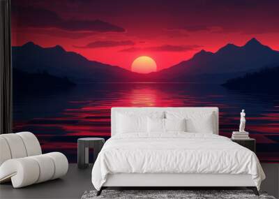 A beautiful sunset over a lake with mountains in the background Wall mural