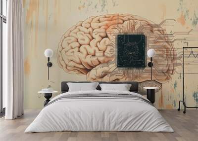 A brain with a computer chip inside of it Wall mural