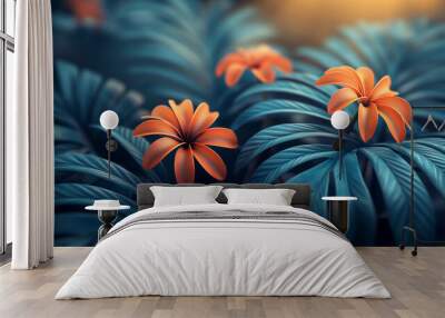 A close up of three orange flowers in a field of green leaves Wall mural