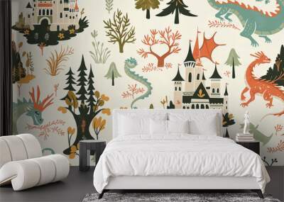 A colorful and whimsical illustration of a forest with a castle and a dragon Wall mural