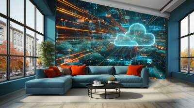 A computer generated image of a cloud with a bright blue center and orange Wall mural