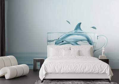 A dolphin is swimming in a glass of water Wall mural