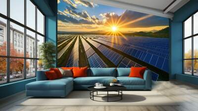 A field of solar panels with the sun shining brightly on them Wall mural