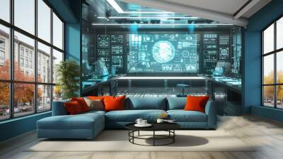 A futuristic room with a large screen displaying a clock and a computer monitor Wall mural