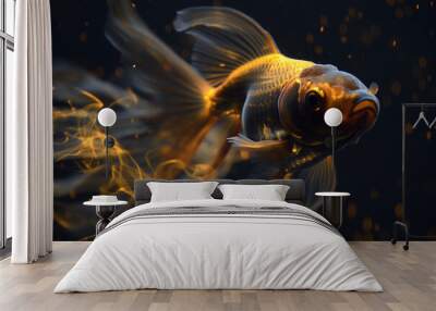 A gold fish swimming in a dark blue background with smoke in the background Wall mural