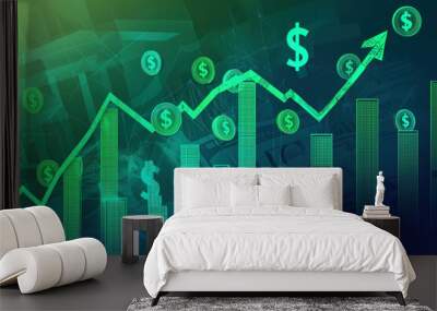 A green background with a graph of money going up and a dollar sign Wall mural