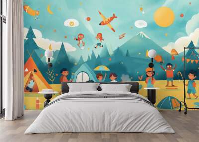 A group of children are playing in a forest with a campfire Wall mural