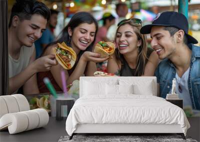 A group of people are eating food, including tacos, at a table Wall mural