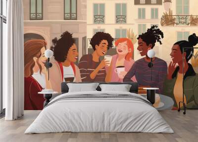 A group of women are sitting around a table with food and drinks, smiling Wall mural