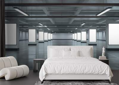 A large empty parking garage with many white signs hanging from the ceiling Mockups, Transparent PNG Wall mural