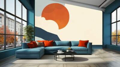 A painting of a sunset over the ocean with a large orange sun in the sky Wall mural