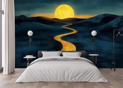 A painting of a yellow moon on a dark blue sky with a long, winding road Wall mural