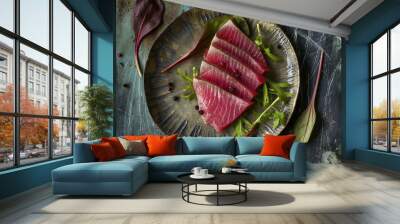 A plate of food with a piece of meat and some greens Wall mural