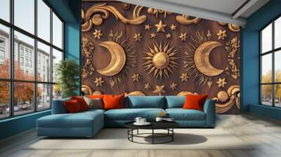 A wooden panel with three crescent moons and a sun Wall mural