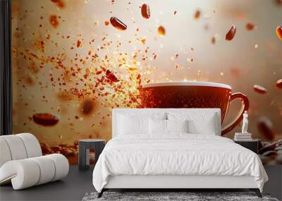 A coffee cup with a splash of coffee on a table with coffee beans Wall mural