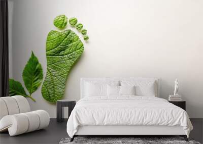 Ecology concept with green footprint with leaf, concept on white background for editing  Wall mural