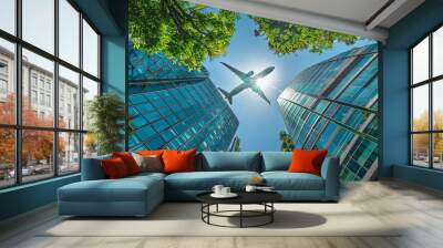 Green building concept with airplane in the sky. Environmentally friendly building. Sustainable glass office building with tree for carbon dioxide reduction. Office with green environment. Company bui Wall mural