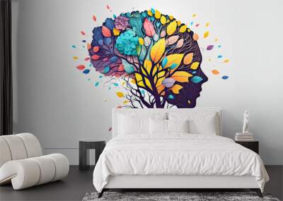 Human face tree with flowers, self care and mental health concept, positive thinking, creative mind illustration. white background. Generative AI Wall mural