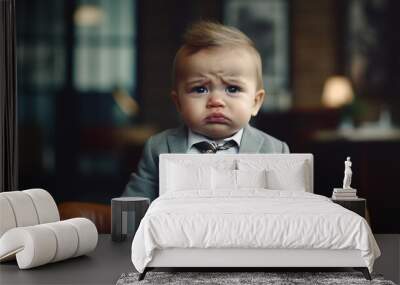 a nearly crying baby, a boy, a child in business outfit with suit Wall mural