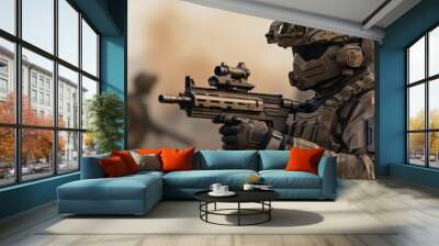 A soldier with combat uniform, helmet and visor, machine gun, special forces or modern soldier Wall mural