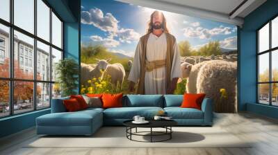 abstract, a farmer or shepherd or jesus, as a saint, with sheep and flock of sheep Wall mural