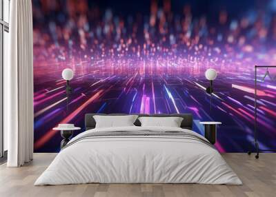 abstract futuristic background with pink blue glowing neon network lights Wall mural