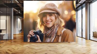 adult caucasian woman, 20s 30s, is photographer or takes photos as a hobby, wears cap, autumnal temperatures in autumn in a city on pedestrian street  Wall mural