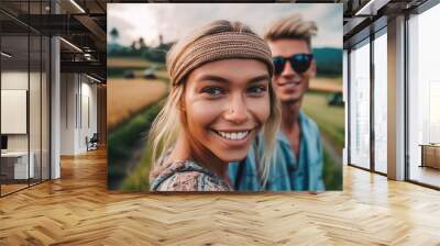 adult woman and man outdoors in nature in a field, tropical and summer. Generative AI Wall mural